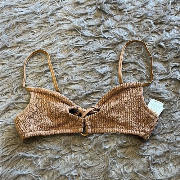 NWT aerie scoop tan ribbed shimmer swimsuit‎ top size xs - Picture 1 of 6